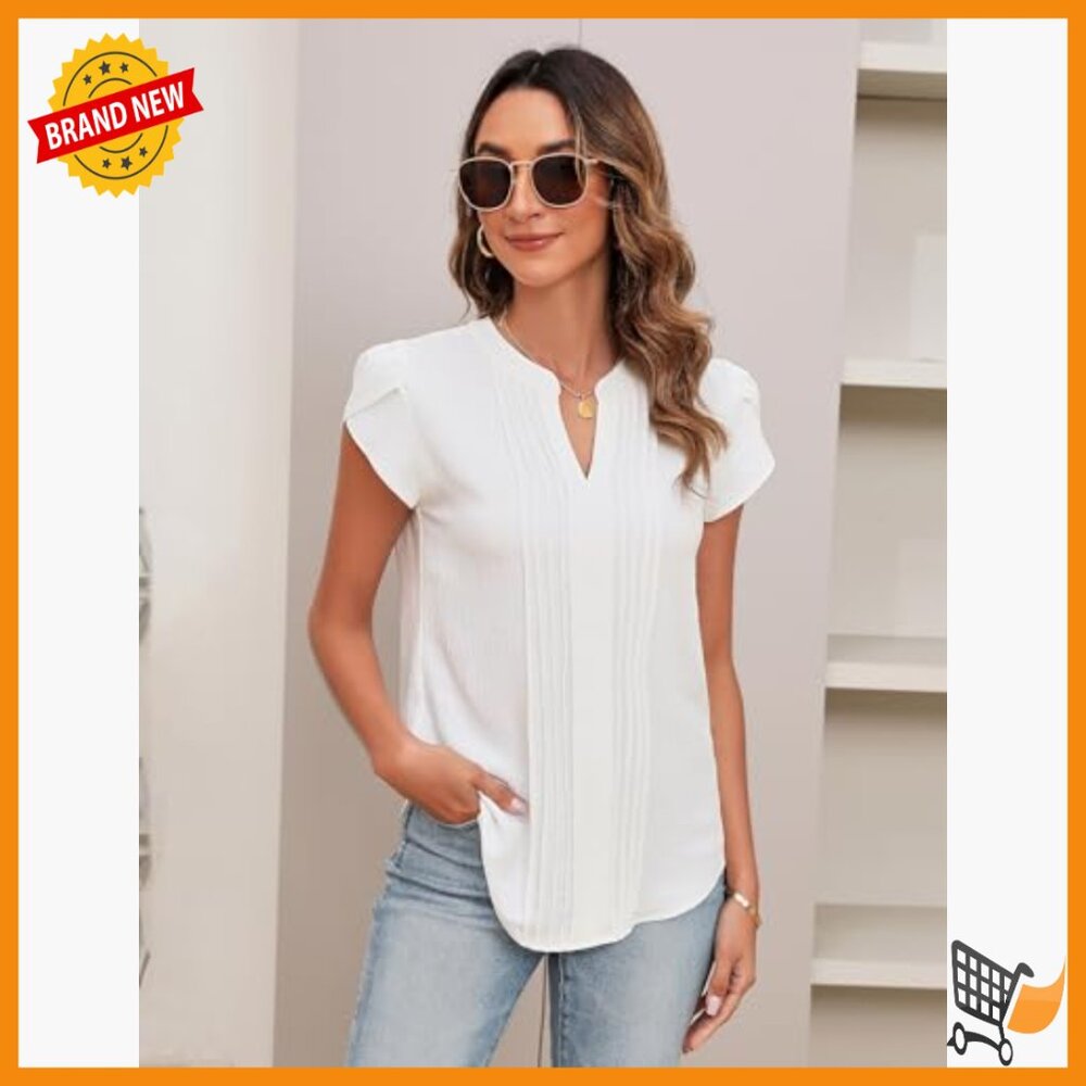 V-Neck Petal Sleeve Blouse, Recycled Polyester, Business Casual Top - Picture 2 of 7